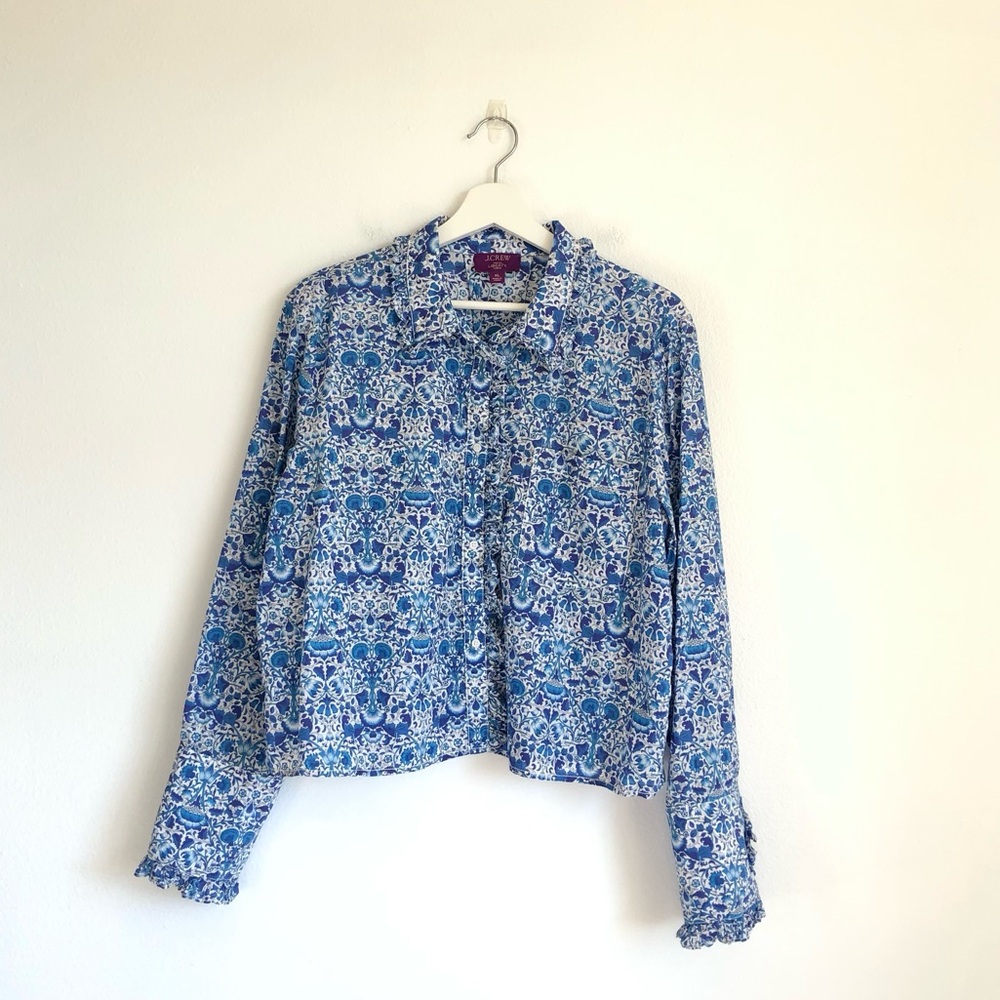 J. Crew Liberty London Fabrics Blue Floral Ruffle Cropped Button Up Top Size XL